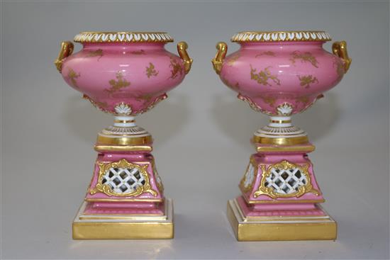 A pair of Royal Worcester pedestal vases, date code for 1898, 14cm